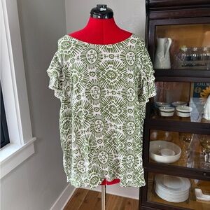 Haute Hippie Style Green White Boho Print Ruffle Sleeve Blouse 2X